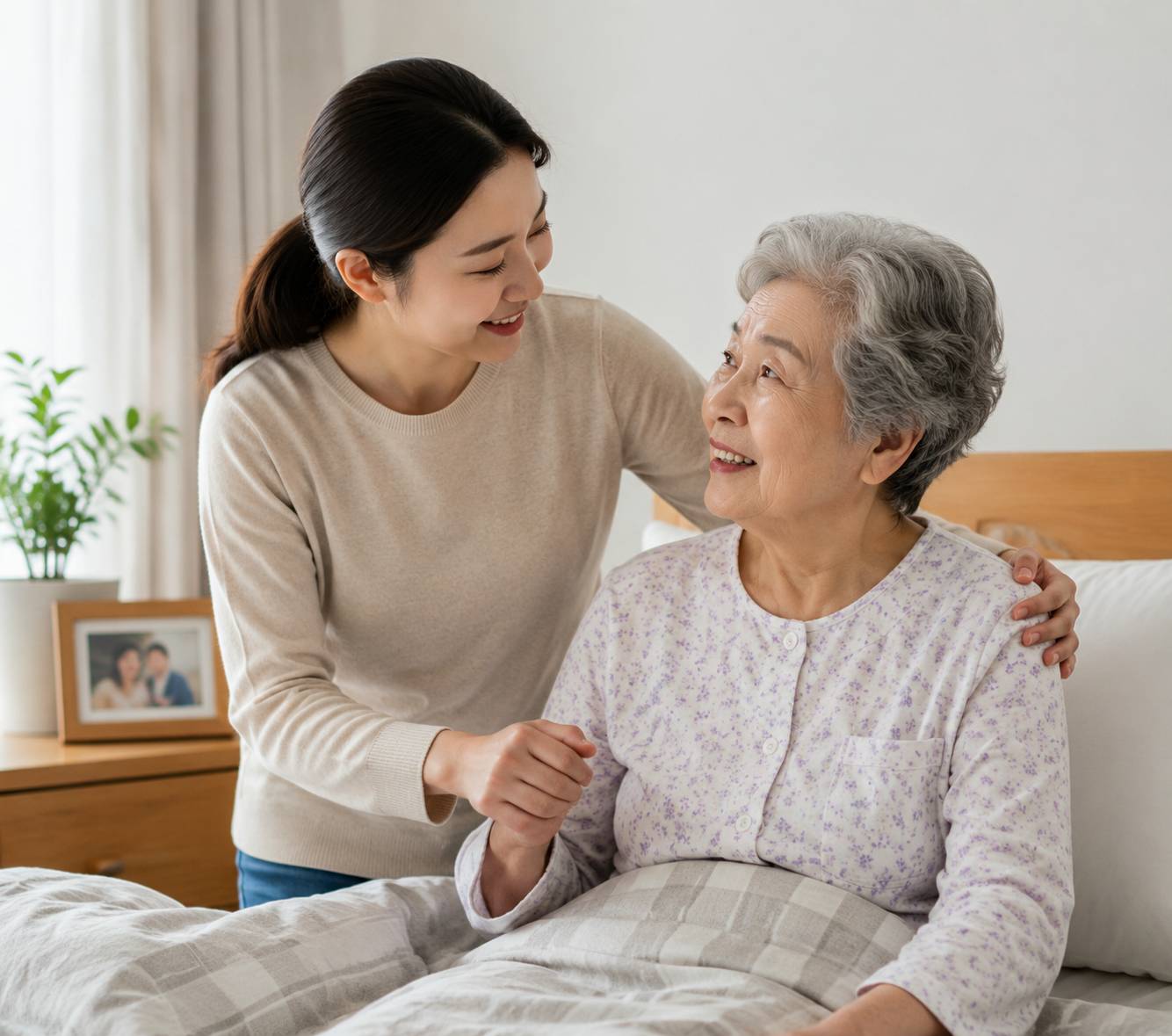 여성이 병실 침대의 할머니의 손을 잡고 예기하는 모습